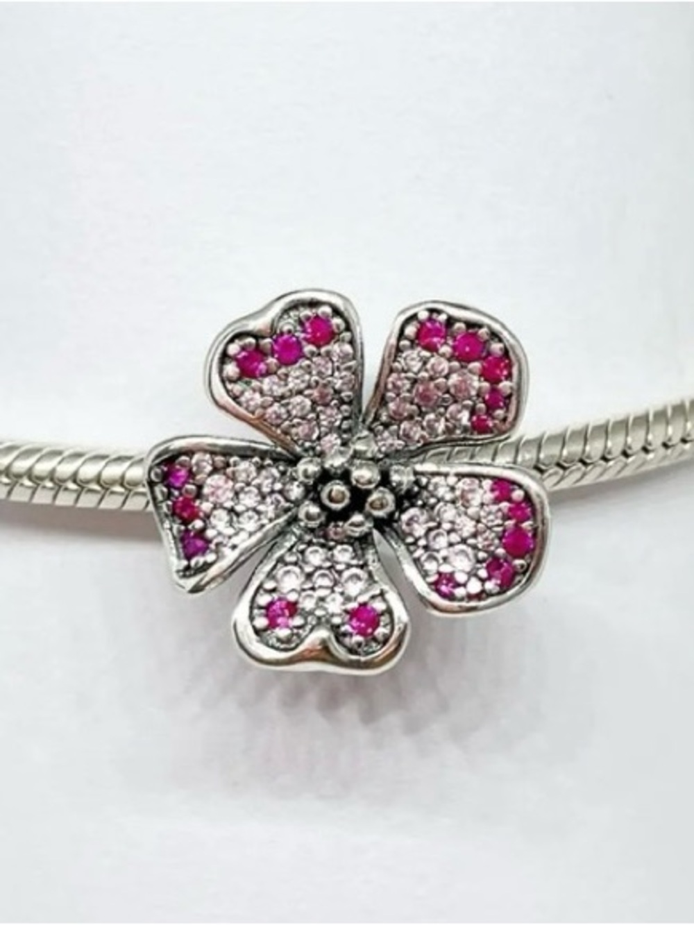 Pink Oversized Pavé Peach Blossom Flower Charm | 925 Sterling Silver, Pink CZs